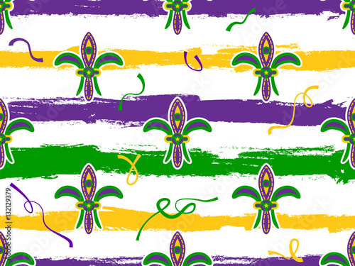 Seamless pattern for Mardi Gras. Fleur de lis. Green, purple, yellow