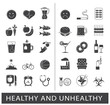 Collection of various food and lifestyle icons. Comparison between healthy and unhealthy way of life.