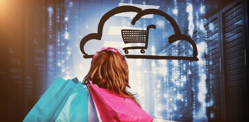 Poster - Woman in a data center holding shopping bags  3d 