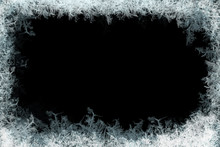 Frostwork. Decorative Frostwork Ice Crystals Frame On Black Background. Can Be Used As Window Frost Overlay In Design