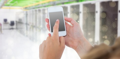 Poster - Composite image of woman using her smartphone 3d 