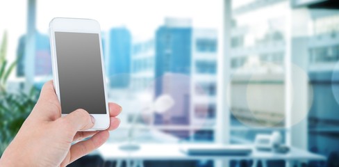 Poster - Composite image of woman showing smartphone 3d 
