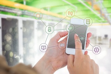 Poster - Composite image of woman using her smartphone 3d 