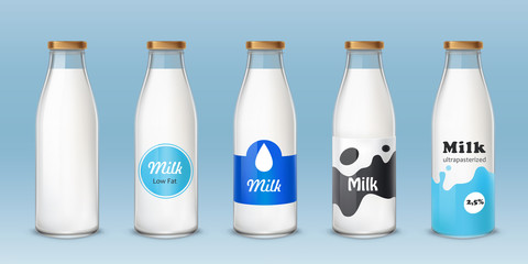 set of icons glass bottles with a milk
