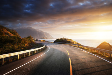 Wall Mural - oad by the sea in sunrise time, lofoten island, norway
