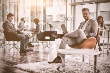 Poster - Smiling businessman using laptop in office
