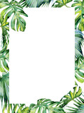 Fototapeta Sypialnia - Watercolor illustration of tropical leaves, dense jungle. Hand painted. Banner with tropic summertime motif may be used as wedding or greeting card. Invitation template. Holyday or birthday greeting
