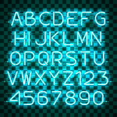 Wall Mural - glowing blue neon alphabet.