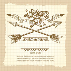 Wall Mural - vintage poster design with cross of arrows flower feathers and ethnic ornaments. vector illustration