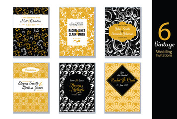 Vector Set of Wedding Invitations Cards With Black, White and Gold Yellow Abstract Trendy Patterns. Great For elegant, modern event invites.  sample text.