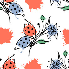 Vector Seamless Floral Pattern With Butterfly Flowers, Leaves, Decorative Elements, Splash, Blots, Drop Hand Drawn Contour Lines And Strokes Doodle Sketch Style, Graphic Vector Drawing Illustration