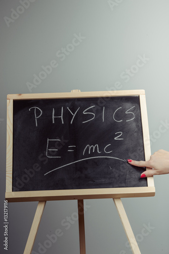Physics word and formula E=mc2 on chalkboard Poster