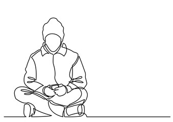 Poster - continuous line drawing of young man sitting with mobile phone