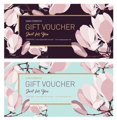 Vip invitation card. Gift card. Coupon template.  Background for the invitation, shop, beauty salon, spa. Flowers magnolia 