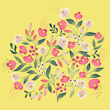 Vector Illustration Of A Floral Circle Bouquet With Colorful Flowers. Yellow Background