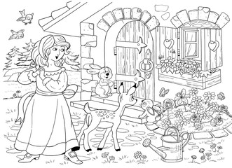 Wall Mural - The Snow White and seven dwarfs. Fairy tale. Coloring book. Coloring page. Cute and funny  cartoon characters