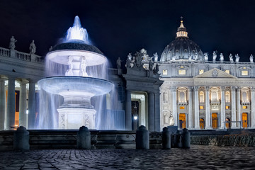 St. Peter's basilica with fountain at night