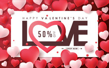 Valentines Day Sale Background With Heart Shaped Balloons. Vector Illustration.Wallpaper.flyers, Invitation, Posters, Brochure, Banners.
