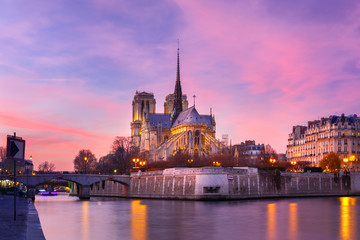 Fototapete - Picturesque grandiose sunset over Cathedral of Notre Dame de Paris, France