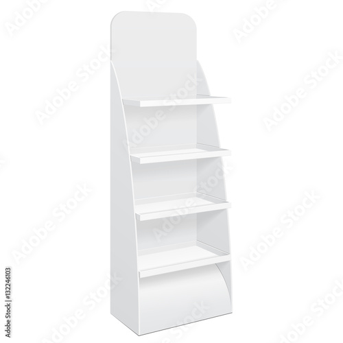 Fotografía White Cardboard Floor Display Rack For Supermarket Blank Empty Displays With Shelves Products Mock Up