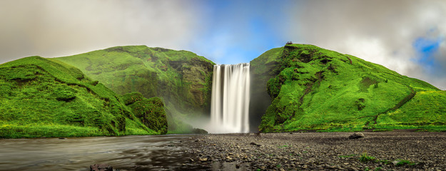 skogafoss waterfall panorama in southern iceland from above