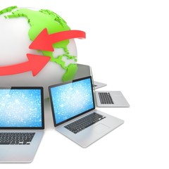 Wall Mural - Laptop network around earth globe. 3d rendering.