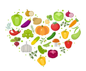 Wall Mural - Vegetables icon set in heart shape. Flat style. Isolated on white background. Healthy lifestyle, vegan, vegetarian diet, raw food. Vector illustration