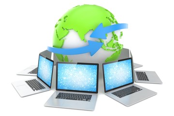 Wall Mural - Laptop network around earth globe. 3d render