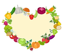 Wall Mural - Vegetables frame in the shape of a heart. Flat style. Isolated on white background. Healthy lifestyle, vegan, vegetarian diet, raw food. Vector illustration