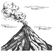 Vector sketch of the volcano. The eruption and smoke against the sky with clouds.