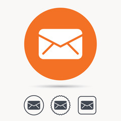 Fototapete - Envelope icon. Send email message sign. Internet mailing symbol. Orange circle button with web icon. Star and square design. Vector