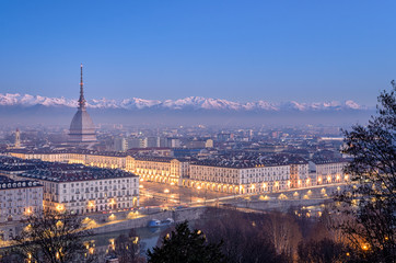 Wall Mural - Turin, high definition panorama at blue hour with Mole Antonelliana Piazza Vittorio and the Alps in the background