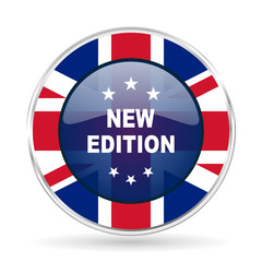 Aufkleber - new edition british design icon - round silver metallic border button with Great Britain flag