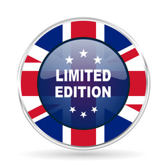 Poster - limited edition british design icon - round silver metallic border button with Great Britain flag