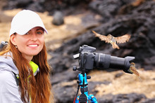 Young Woman Photographing On Santiago Island With Galapagos Flycatcher On Her Lens Hood, Galapagos National Park, Ecuador