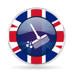 Aufkleber - broom british design icon - round silver metallic border button with Great Britain flag