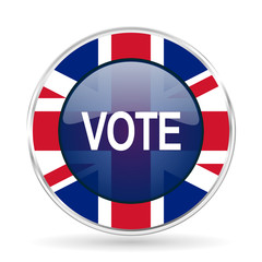 Poster - vote british design icon - round silver metallic border button with Great Britain flag