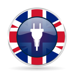 Poster - plug british design icon - round silver metallic border button with Great Britain flag