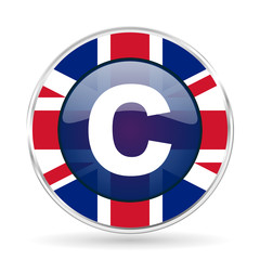 Poster - copyright british design icon - round silver metallic border button with Great Britain flag
