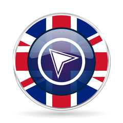 Poster - navigation british design icon - round silver metallic border button with Great Britain flag