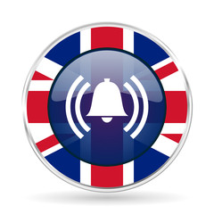 Poster - alarm british design icon - round silver metallic border button with Great Britain flag