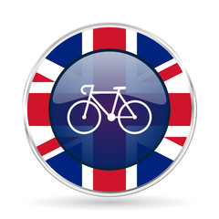 Poster - bicycle british design icon - round silver metallic border button with Great Britain flag