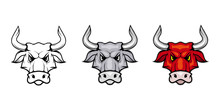 Bull, Isolated On White Background, Colour And Black White Illustration, Suitable As Logo Or Team Mascot