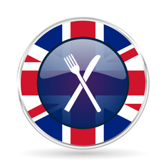 Poster - restaurant british design icon - round silver metallic border button with Great Britain flag