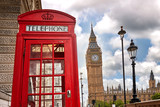 Fototapeta Londyn - London - Big Ben tower and a red phone booth
