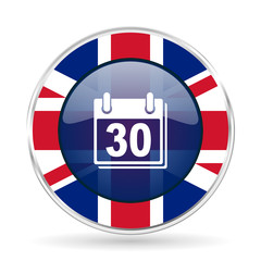 Aufkleber - calendar british design icon - round silver metallic border button with Great Britain flag