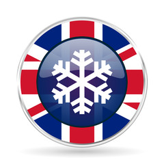 Poster - snow british design icon - round silver metallic border button with Great Britain flag