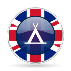 Poster - camp british design icon - round silver metallic border button with Great Britain flag