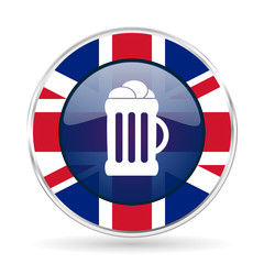 Aufkleber - beer british design icon - round silver metallic border button with Great Britain flag