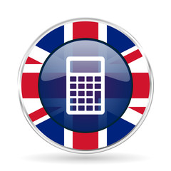 Poster - calculator british design icon - round silver metallic border button with Great Britain flag